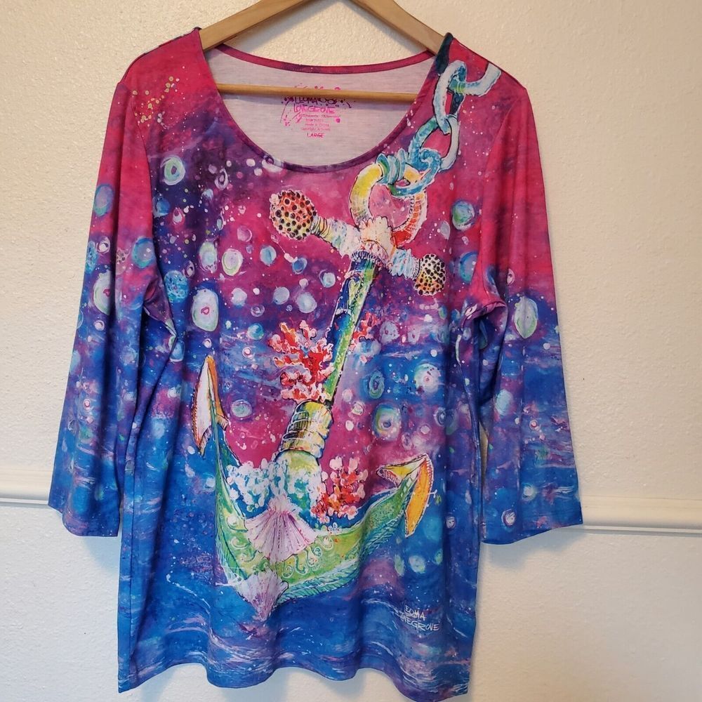 Leoma Lovegrove Blouse 3/4 Sleeve Womens L Pink Anchor  All Over Print Artsy‎